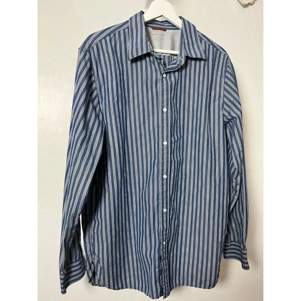 Banana Republic Pearl Snap Shirt Western Mens Size L Slim Fit Blue White Striped
